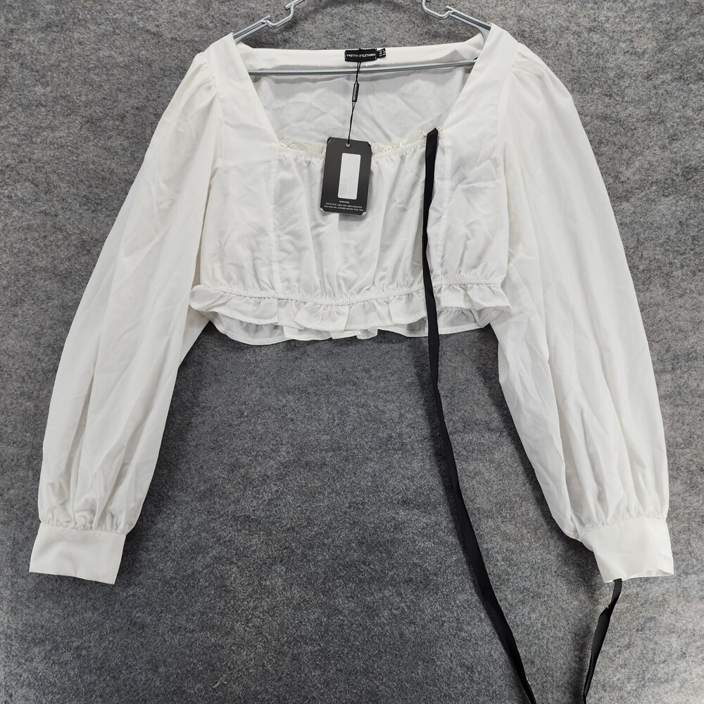 Pretty Little Thing Shirt Womens Large Puff Sleeve White Crop Top